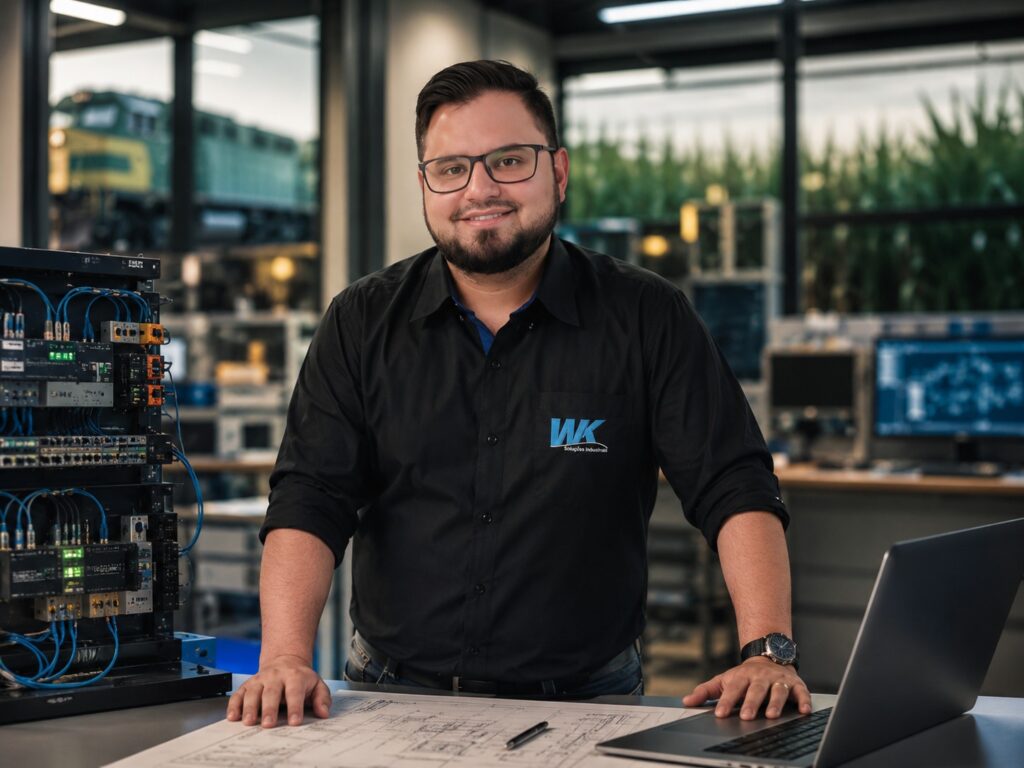 Fundador do Grupo WK em laboratório de automação, ao lado de painel elétrico